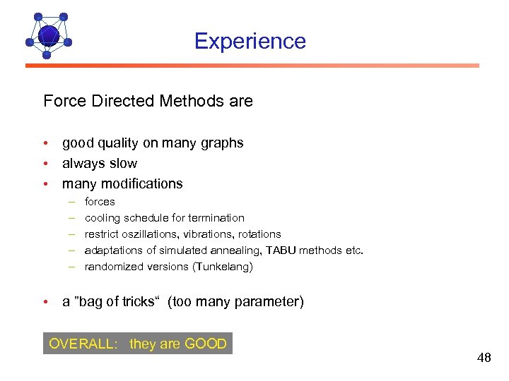 Experience Force Directed Methods are • good quality on many graphs • always slow