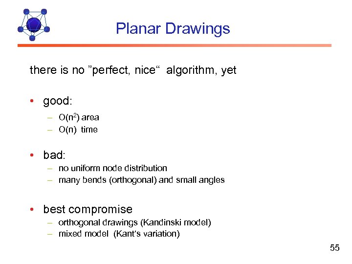 Planar Drawings there is no ”perfect, nice“ algorithm, yet • good: – O(n 2)