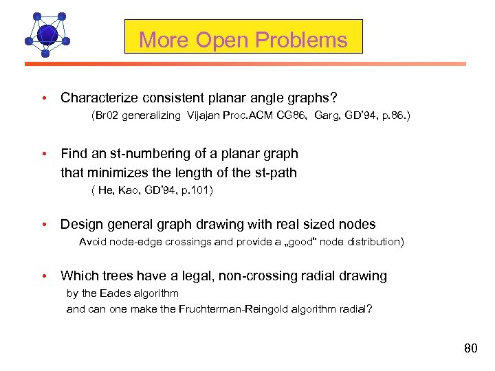 More Open Problems • Characterize consistent planar angle graphs? (Br 02 generalizing Vijajan Proc.