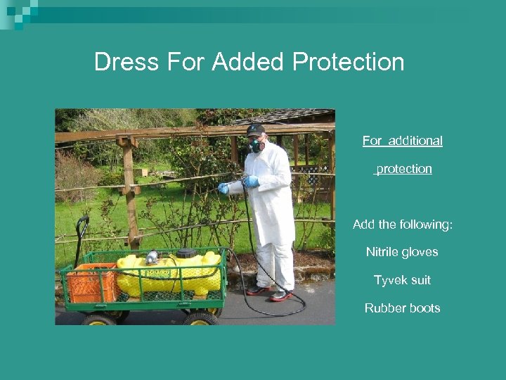 Dress For Added Protection For additional protection Add the following: Nitrile gloves Tyvek suit