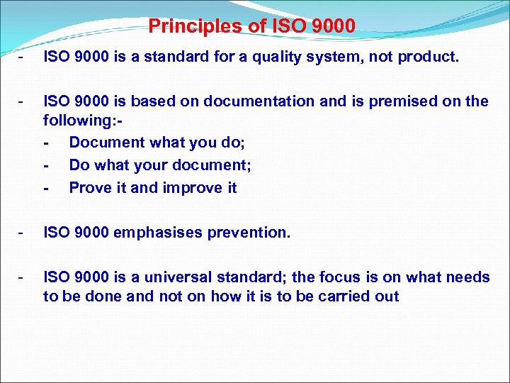 Principles of ISO 9000 - ISO 9000 is a standard for a quality system,