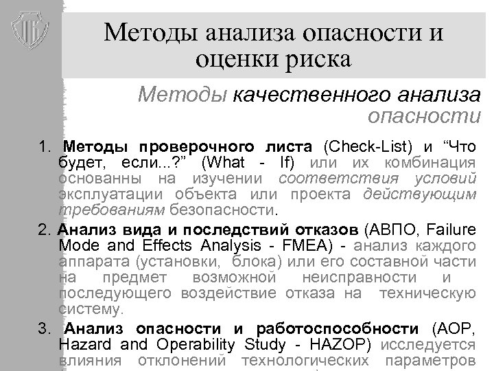 Методы анализа опасности и оценки риска Методы качественного анализа опасности 1. Методы проверочного листа