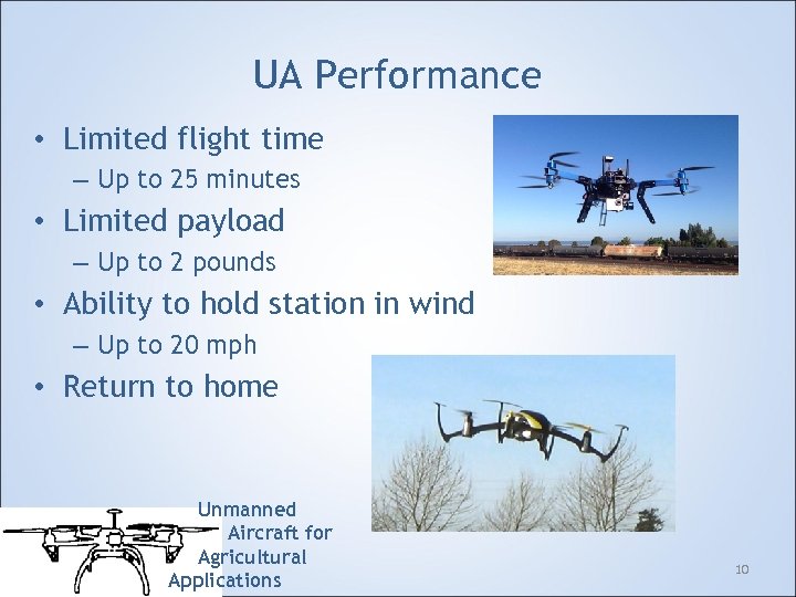 UA Performance • Limited flight time – Up to 25 minutes • Limited payload
