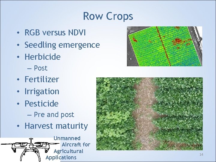 Row Crops • RGB versus NDVI • Seedling emergence • Herbicide – Post •