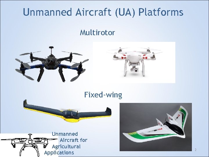 Unmanned Aircraft (UA) Platforms Multirotor Fixed-wing Unmanned Aircraft for Agricultural Applications 2 