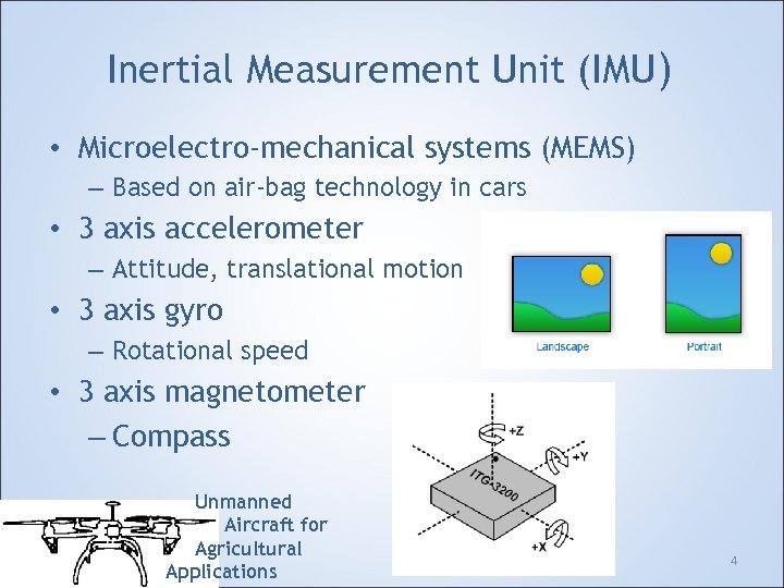 Inertial Measurement Unit (IMU) • Microelectro-mechanical systems (MEMS) – Based on air-bag technology in