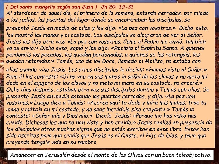 ( Del santo evangelio según san Juan ) Jn 20: 19 -31 Al atardecer