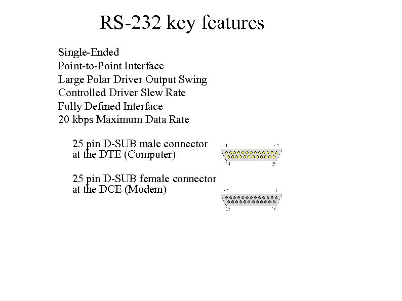 RS-232 key features Single-Ended Point-to-Point Interface Large Polar Driver Output Swing Controlled Driver Slew