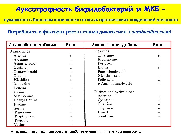 Ауксотрофность бифидобактерий и МКБ – нуждаются в большом количестве готовых органических соединений для роста