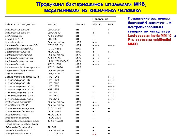 Продукция бактериоцинов штаммами МКБ, выделенными из кишечника человека Подавление + + Подавление различных бактерий