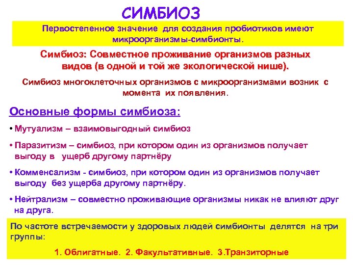 СИМБИОЗ Первостепенное значение для создания пробиотиков имеют микроорганизмы-симбионты. Симбиоз: Совместное проживание организмов разных видов