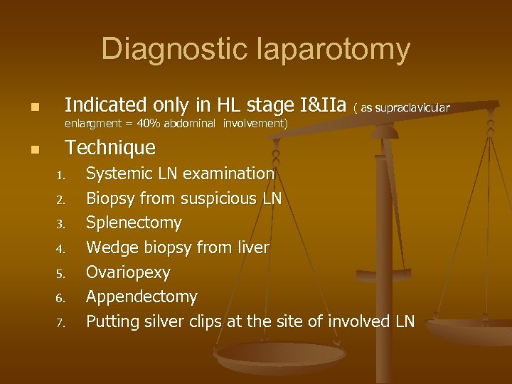 Diagnostic laparotomy n Indicated only in HL stage I&IIa ( as supraclavicular enlargment =