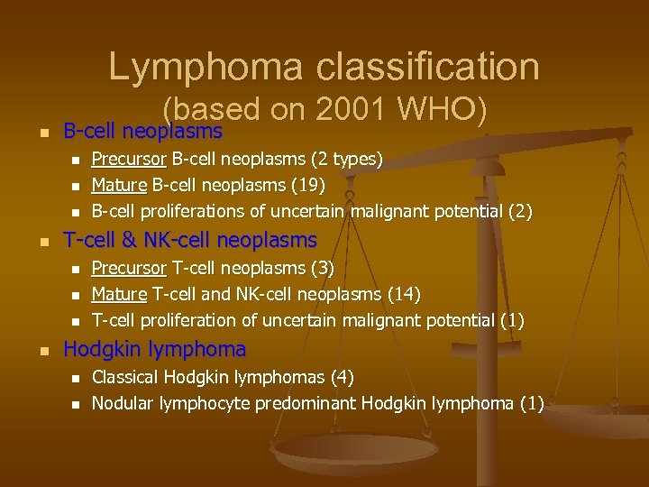 Lymphoma classification n (based on 2001 WHO) B-cell neoplasms n n T-cell & NK-cell