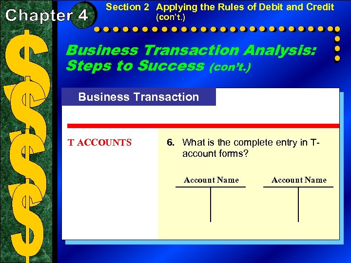 Section 2 Applying the Rules of Debit and Credit (con’t. ) Business Transaction Analysis: