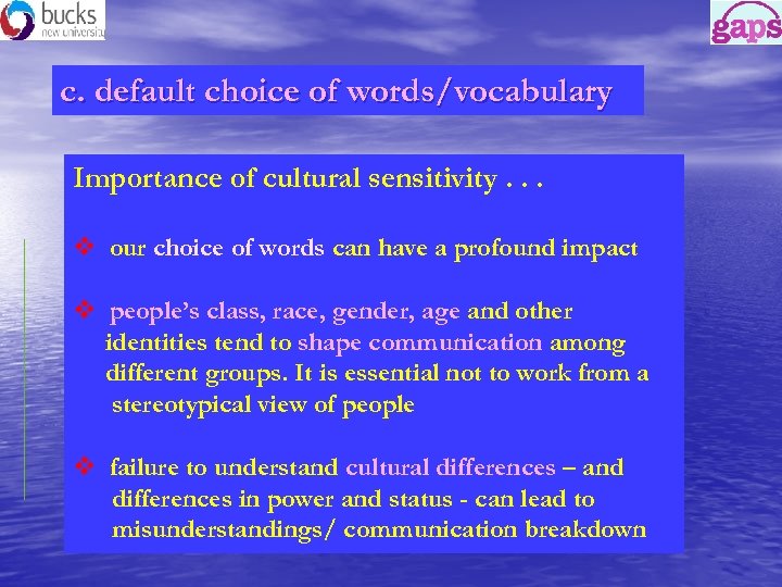 c. default choice of words/vocabulary Importance of cultural sensitivity. . . v our choice