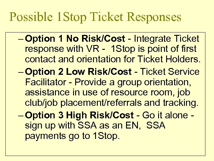Possible 1 Stop Ticket Responses – Option 1 No Risk/Cost - Integrate Ticket response
