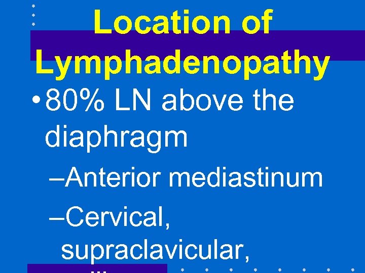 Location of Lymphadenopathy • 80% LN above the diaphragm –Anterior mediastinum –Cervical, supraclavicular, 