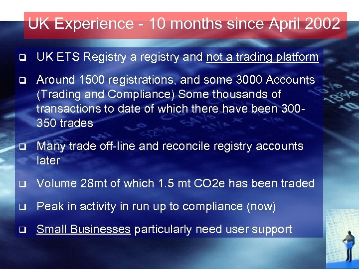 UK Experience - 10 months since April 2002 q UK ETS Registry a registry