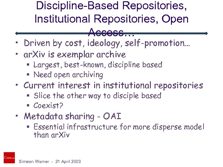 Discipline-Based Repositories, Institutional Repositories, Open Access… • Driven by cost, ideology, self-promotion… • ar.