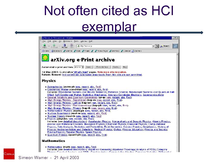 Not often cited as HCI exemplar Simeon Warner - 21 April 2003 