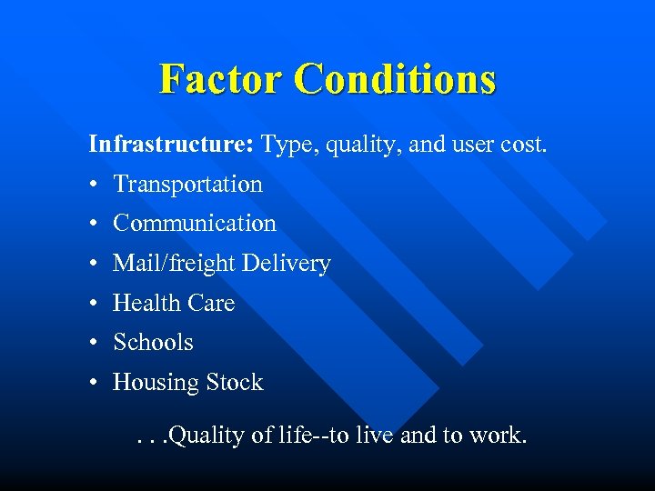 Factor Conditions Infrastructure: Type, quality, and user cost. • Transportation • Communication • Mail/freight