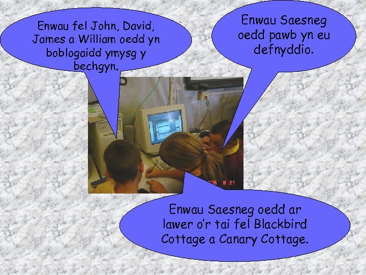 Enwau fel John, David, James a William oedd yn boblogaidd ymysg y bechgyn. Enwau