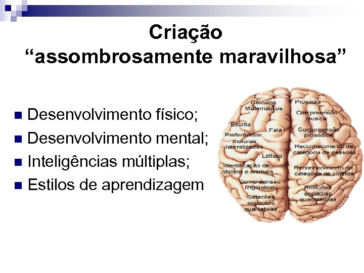 Criação “assombrosamente maravilhosa” Desenvolvimento físico; n Desenvolvimento mental; n Inteligências múltiplas; n Estilos de