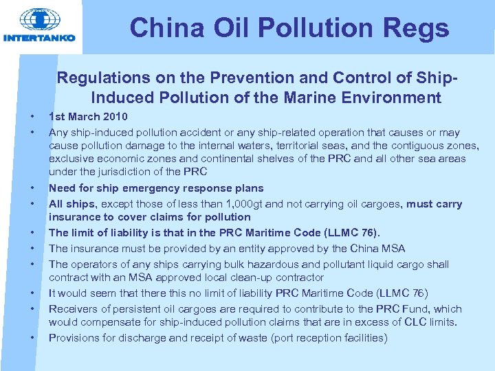 China Oil Pollution Regs Regulations on the Prevention and Control of Ship. Induced Pollution