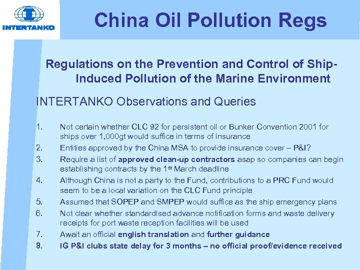 China Oil Pollution Regs Regulations on the Prevention and Control of Ship. Induced Pollution