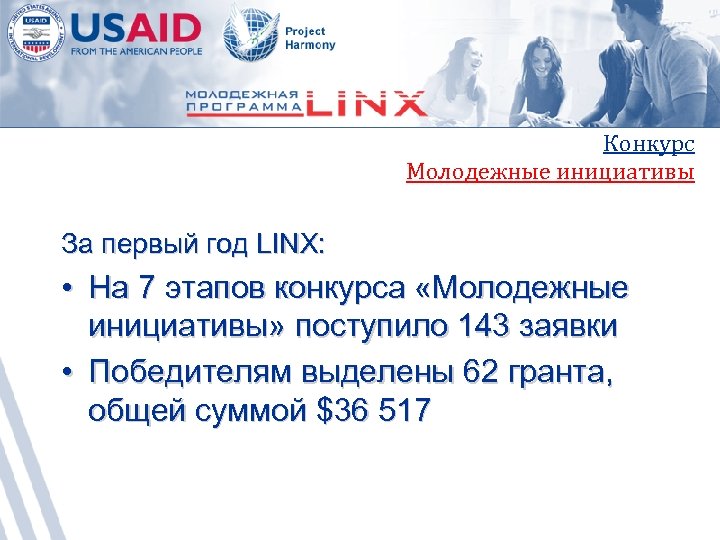 Конкурс Молодежные инициативы За первый год LINX: • На 7 этапов конкурса «Молодежные инициативы»