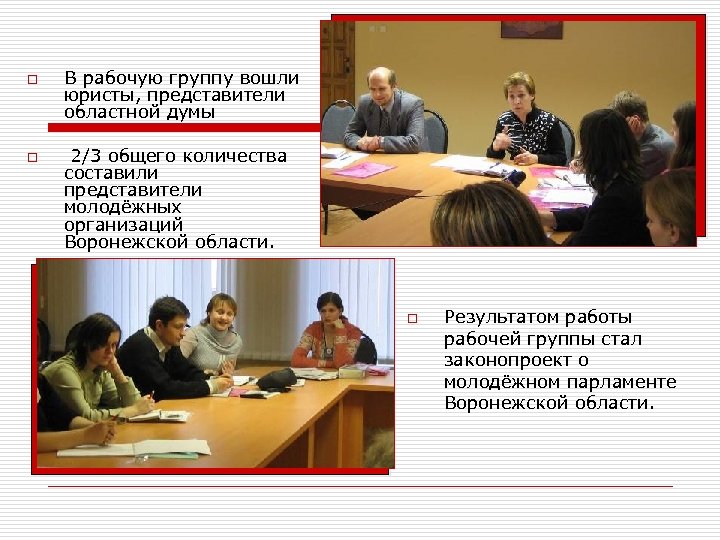 o o В рабочую группу вошли юристы, представители областной думы 2/3 общего количества составили