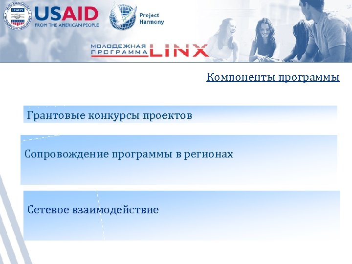 Компоненты программы Грантовые конкурсы проектов Сопровождение программы в регионах Сетевое взаимодействие 