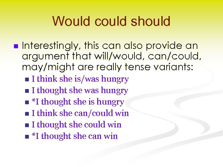 Would could should n Interestingly, this can also provide an argument that will/would, can/could,