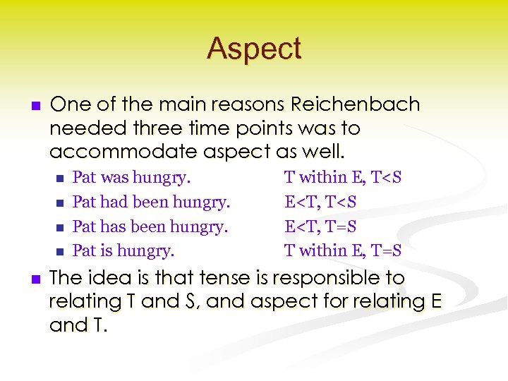 Aspect n One of the main reasons Reichenbach needed three time points was to