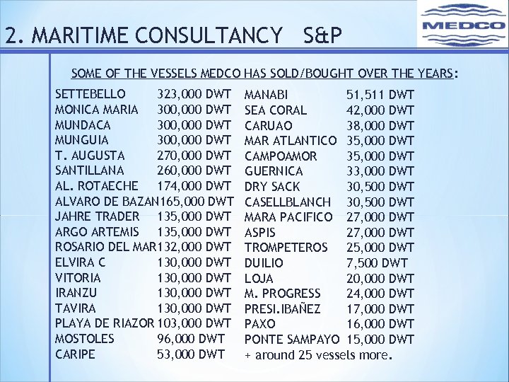 2. MARITIME CONSULTANCY S&P SOME OF THE VESSELS MEDCO HAS SOLD/BOUGHT OVER THE YEARS: