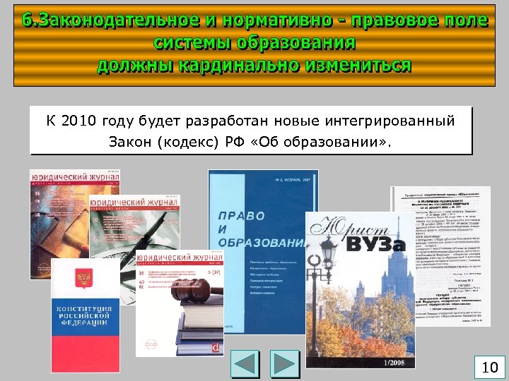 К 2010 году будет разработан новые интегрированный Закон (кодекс) РФ «Об образовании» . 10