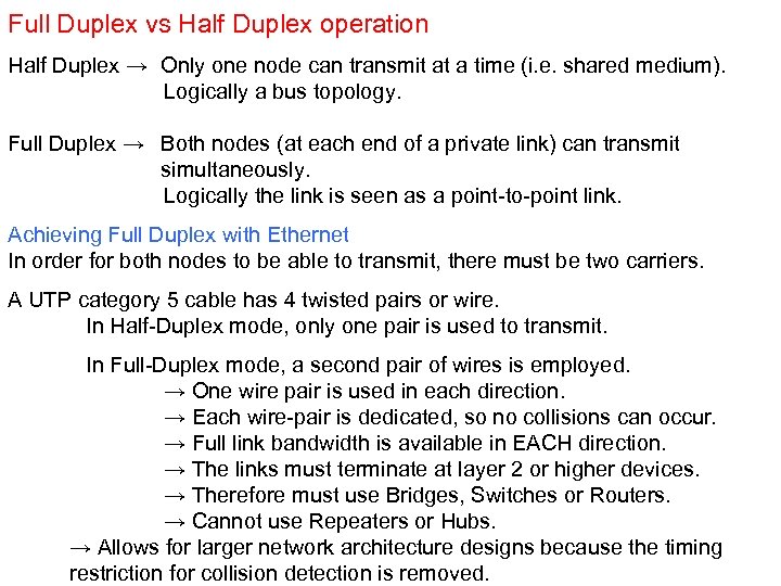 Full Duplex vs Half Duplex operation Half Duplex → Only one node can transmit