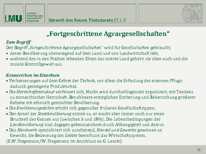 Umwelt des Neuen Testaments § 7, 1 -2 „Fortgeschrittene Agrargesellschaften“ Zum Begriff Der Begriff