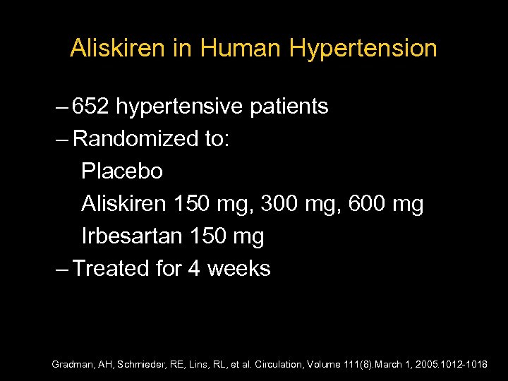 Aliskiren in Human Hypertension – 652 hypertensive patients – Randomized to: Placebo Aliskiren 150