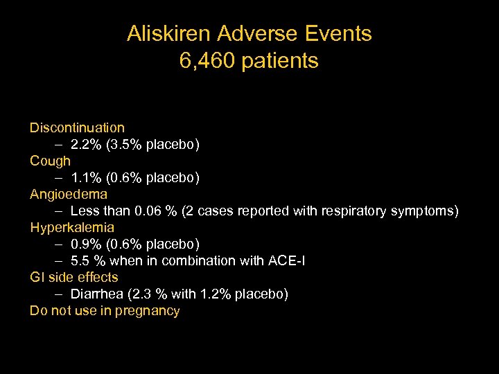 Aliskiren Adverse Events 6, 460 patients Discontinuation – 2. 2% (3. 5% placebo) Cough