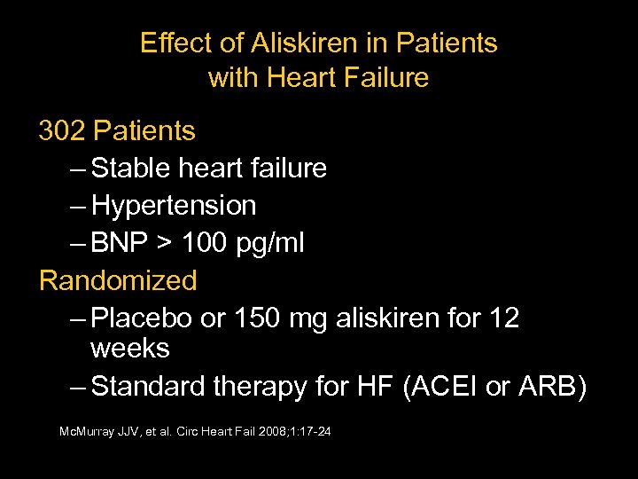 Effect of Aliskiren in Patients with Heart Failure 302 Patients – Stable heart failure