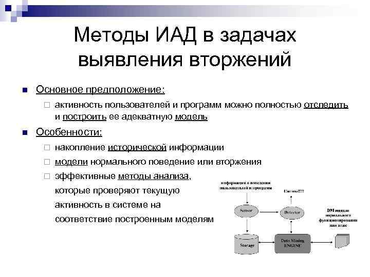 Методы ИАД в задачах выявления вторжений n Основное предположение: ¨ n активность пользователей и