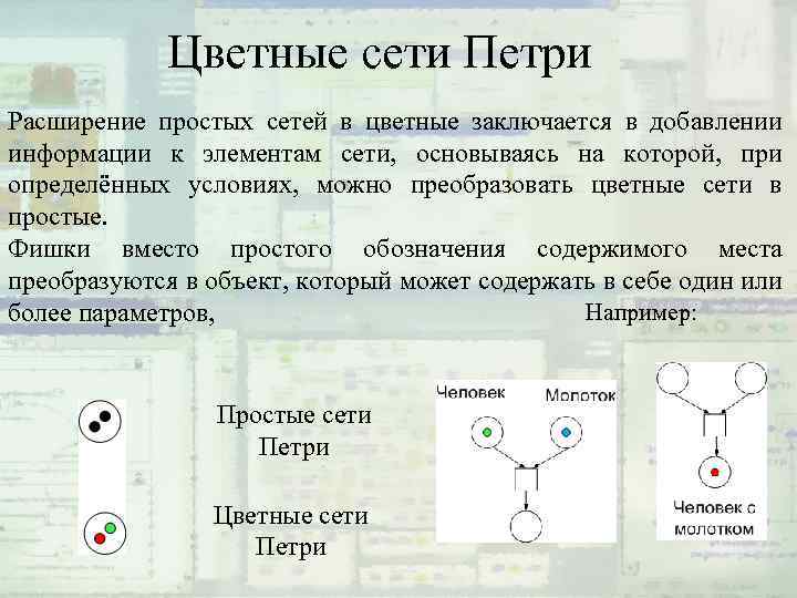 Цветные сети Петри Расширение простых сетей в цветные заключается в добавлении информации к элементам