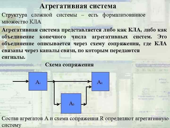 Агрегативная система Структура сложной системы – есть формализованное множество КЛА Агрегативная система представляется либо