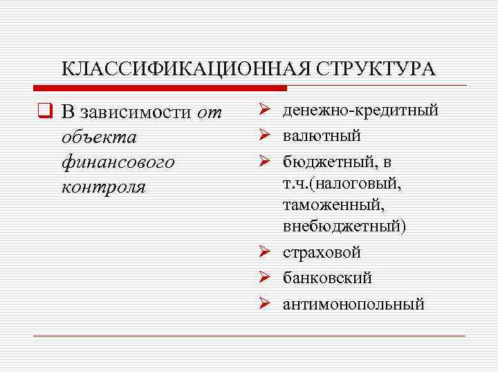 КЛАССИФИКАЦИОННАЯ СТРУКТУРА q В зависимости от объекта финансового контроля Ø денежно-кредитный Ø валютный Ø