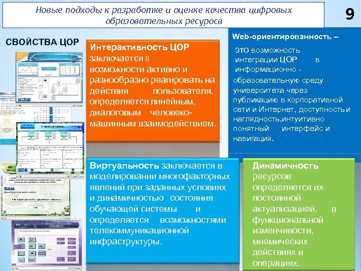 Новые подходы к разработке и оценке качества цифровых образовательных ресуросв СВОЙСТВА ЦОР 9 Web-ориентированность