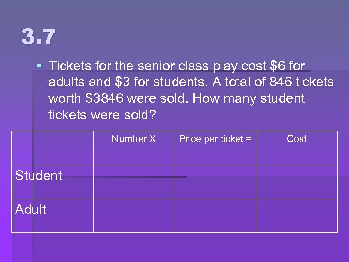 3. 7 § Tickets for the senior class play cost $6 for adults and