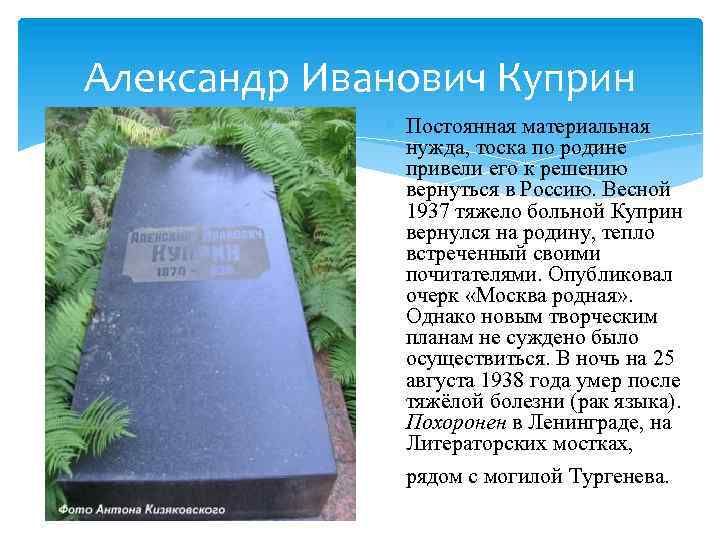 Александр Иванович Куприн Постоянная материальная нужда, тоска по родине привели его к решению вернуться
