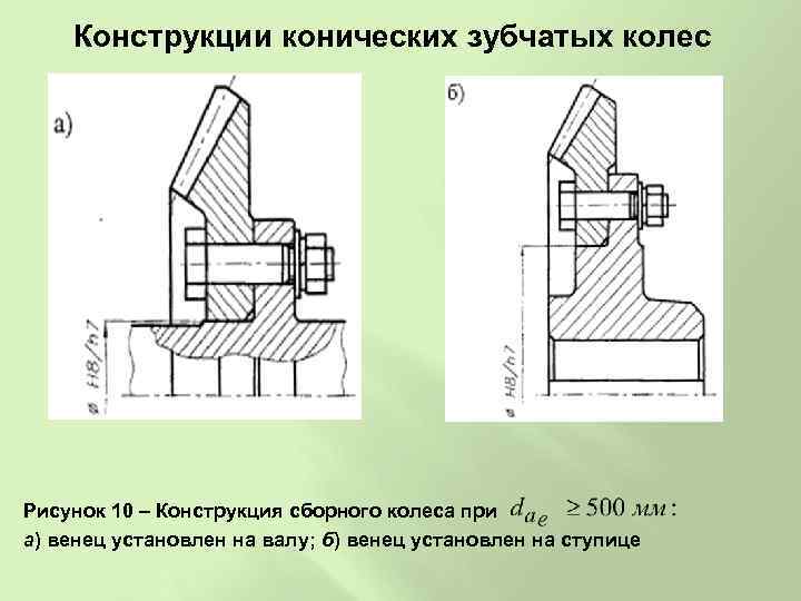 Конструкции конических зубчатых колес Рисунок 10 – Конструкция сборного колеса при а) венец установлен