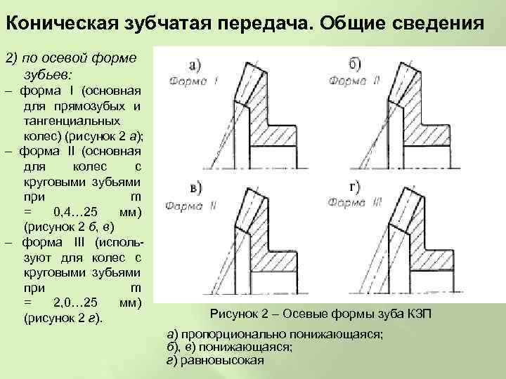 Коническая зубчатая передача. Общие сведения 2) по осевой форме зубьев: – форма I (основная